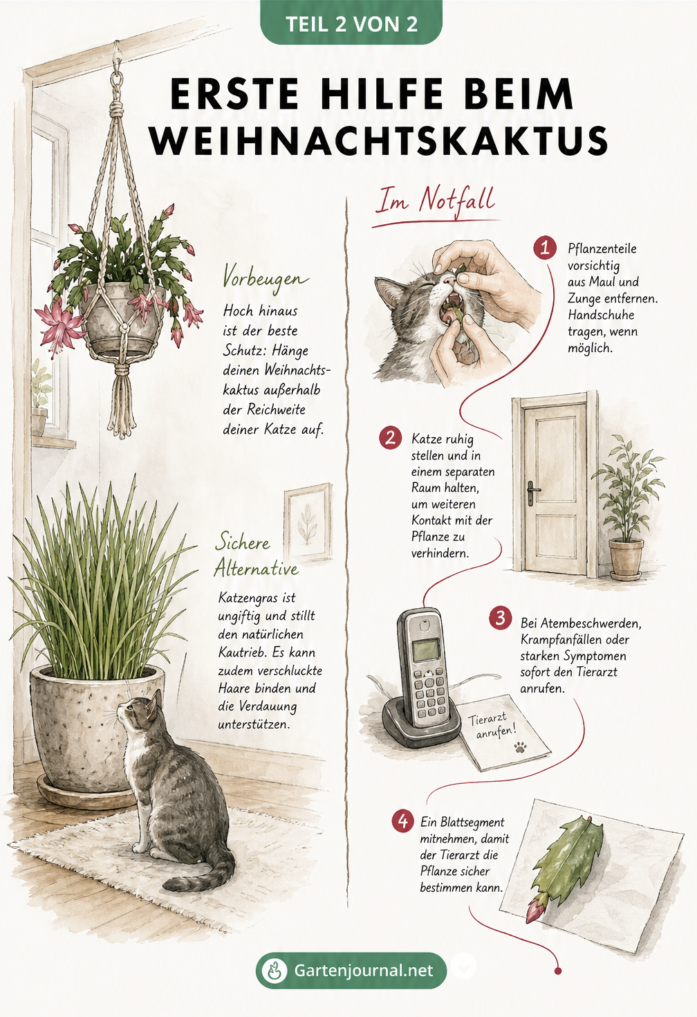 Skizze zur Prävention und Ersten Hilfe bei Katzen, die Weihnachtskaktus gefressen haben, inklusive Katzengras als Alternative.