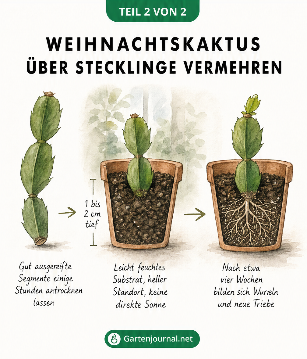 Illustration der Vermehrung eines Weihnachtskaktus, von abgetrennten Trieben über das Einpflanzen in Erde bis zur Wurzelbildung nach vier Wochen.