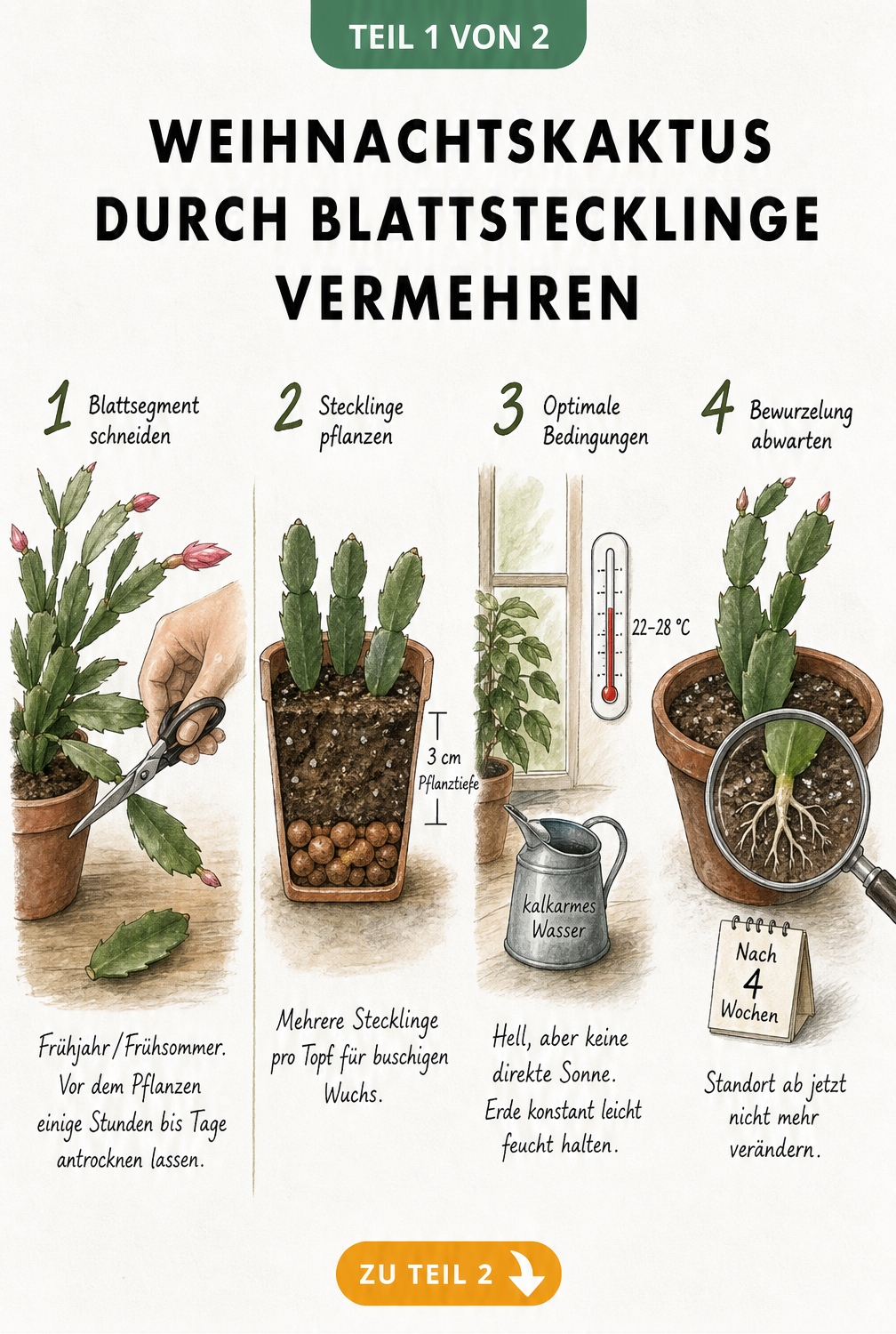 Illustration der Vermehrung eines Weihnachtskaktus durch Blattstecklinge in vier Schritten: Abschneiden, Einpflanzen, Pflegebedingungen und Bewurzelung.