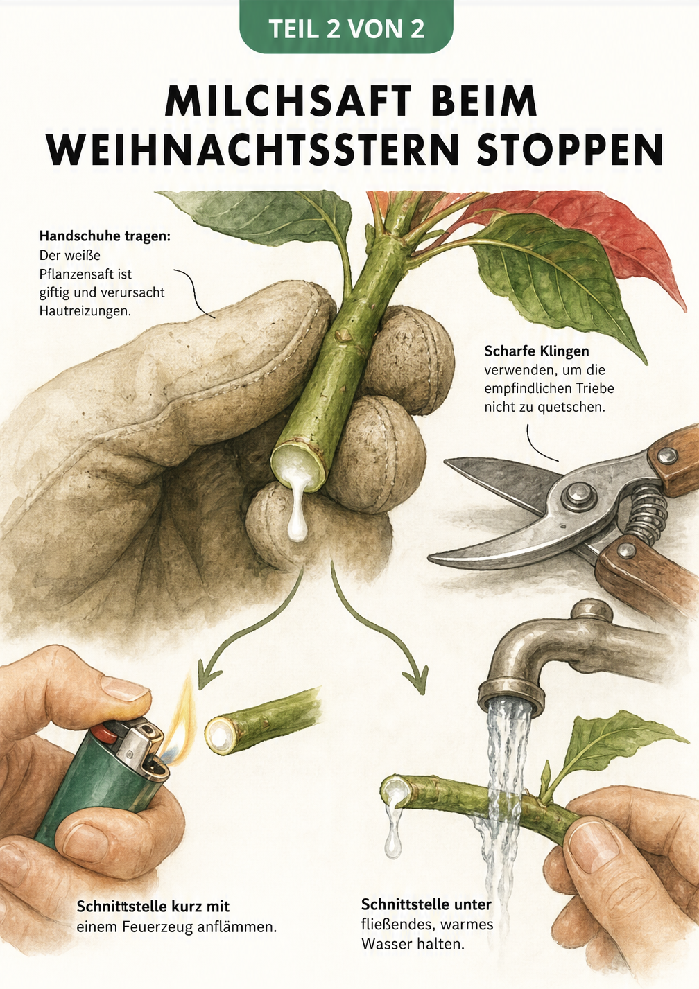 Nahaufnahme einer Hand mit Handschuh, die einen frisch geschnittenen Weihnachtsstern-Trieb hält, aus dem weißer Milchsaft austritt