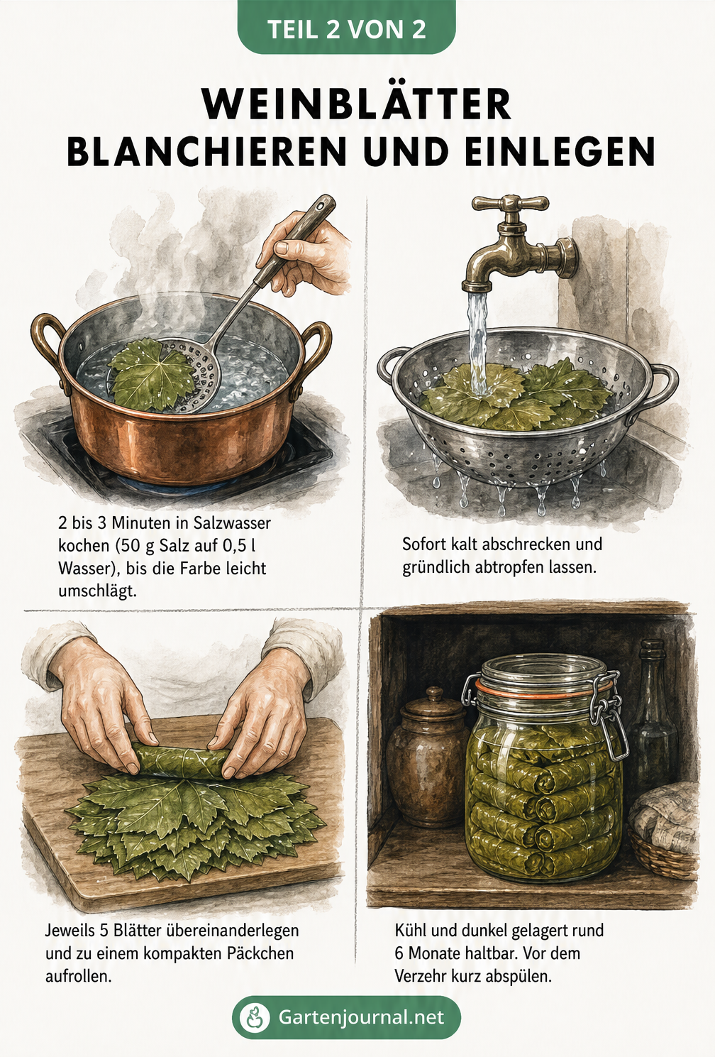 Vier Schritte zum Einlegen von Weinblättern: Blanchieren, Abschrecken, Aufrollen und Lagern