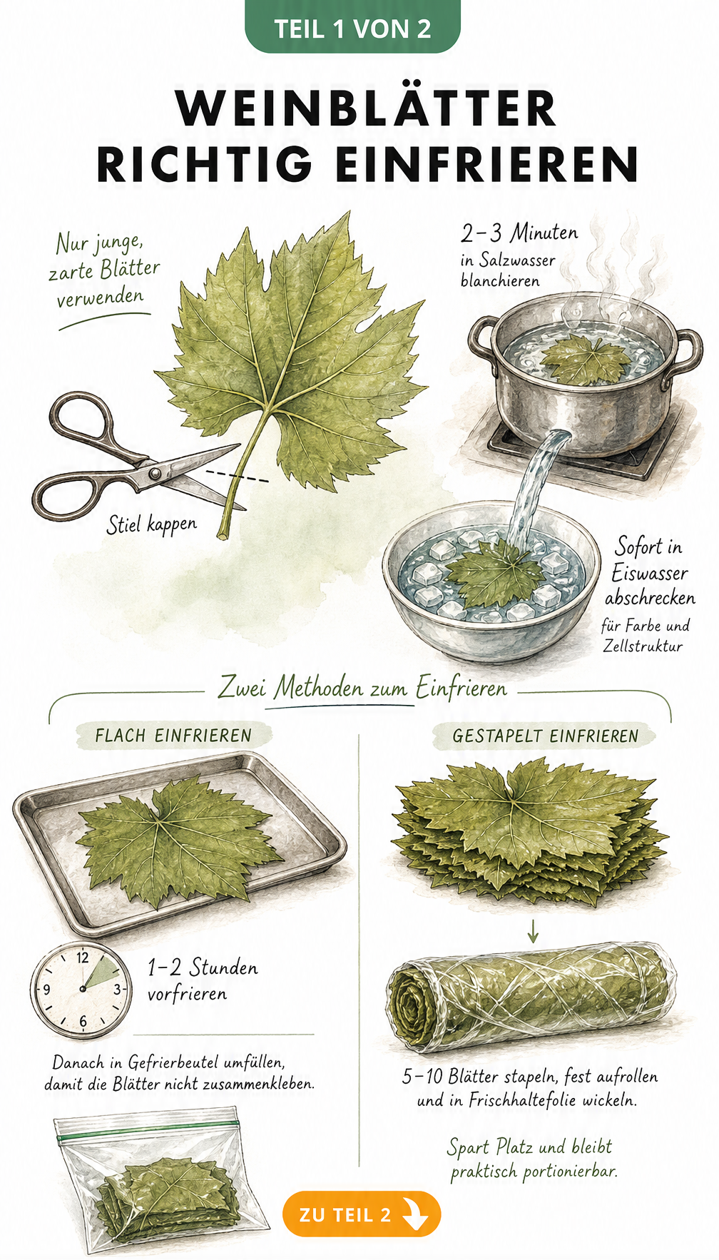 Illustration zum Einfrieren von Weinblättern: Vorbereitung durch Blanchieren und zwei Methoden zum Einfrieren