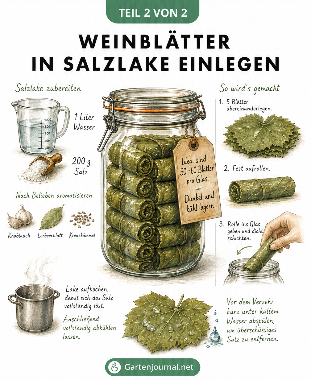 Illustration zum Einlegen von Weinblättern in Salzlake im Vintage-Stil mit Einmachglas und Zutaten