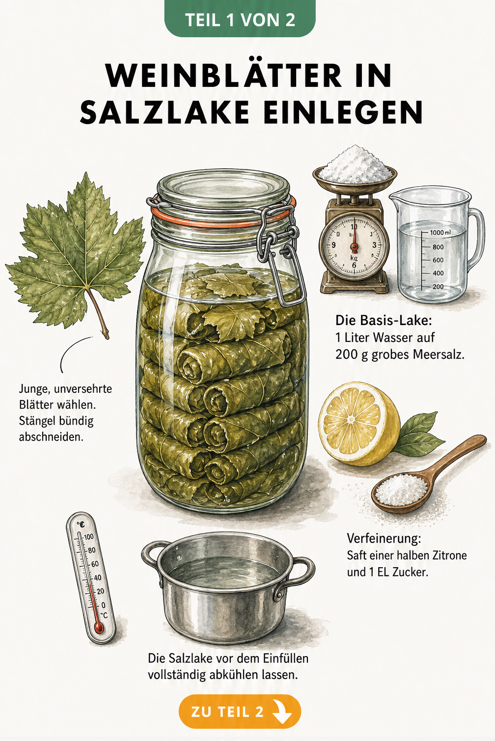 Illustration eines Einmachglases mit Weinblättern in Salzlake, daneben ein frisches Weinblatt und Zutaten für die Lake