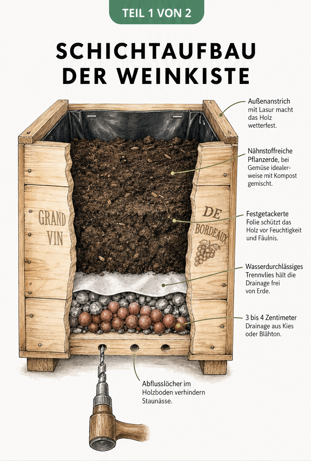 Querschnitt einer Weinkiste mit Schichtaufbau: Abflusslöcher, Drainage aus Blähton, Trennvlies, Folie und Pflanzerde.