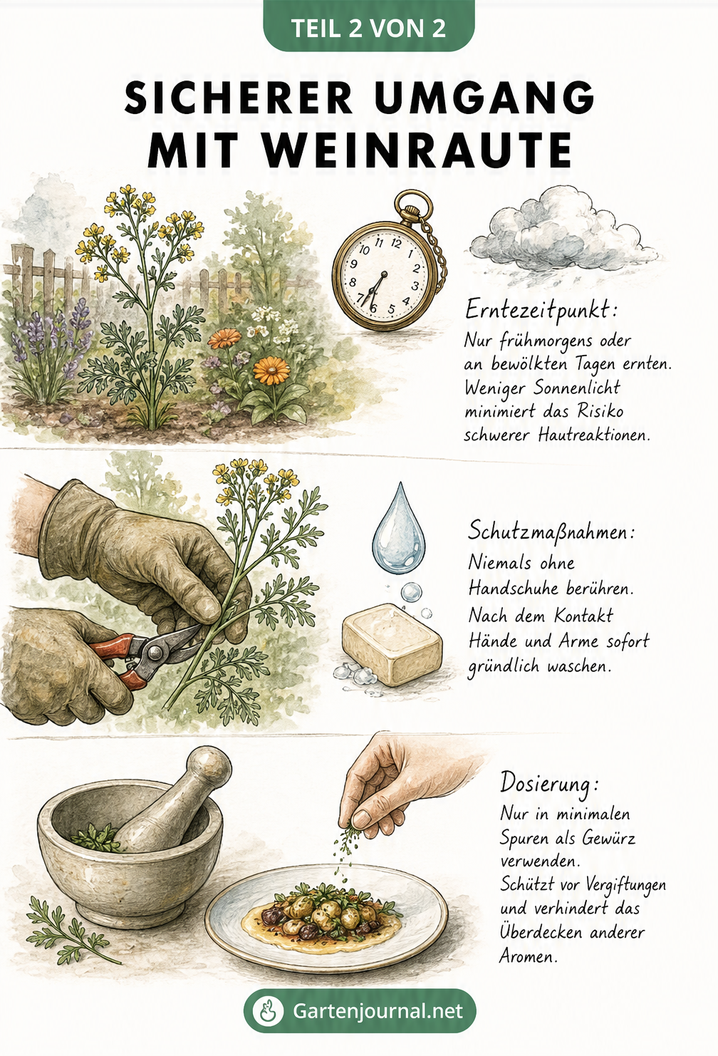 Illustration zum sicheren Umgang mit Weinraute: Ernte am Morgen, Tragen von Handschuhen und sparsame Dosierung