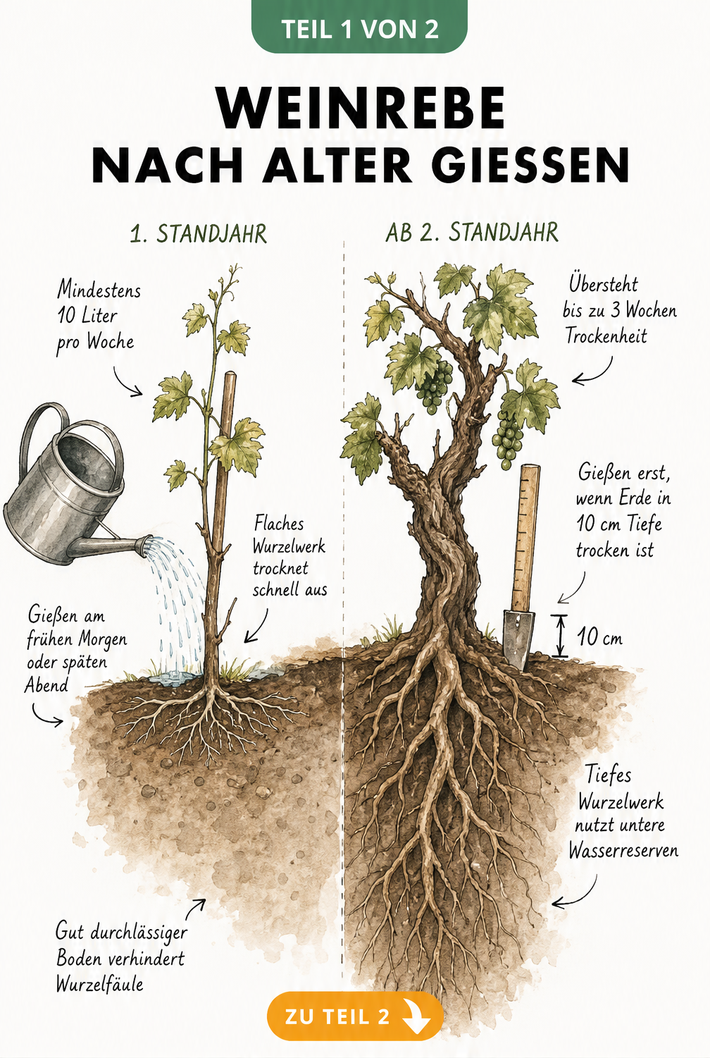 Illustration einer jungen und einer etablierten Weinrebe im Querschnitt, die den unterschiedlichen Wasserbedarf und das Wurzelwachstum zeigt.