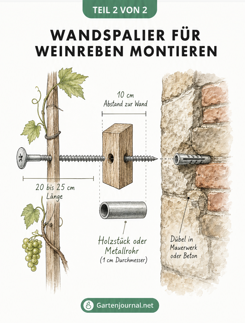 Explosionszeichnung einer Wandmontage für ein Weinreben-Spalier mit Schraube, Abstandshalter und Dübel im Mauerwerk