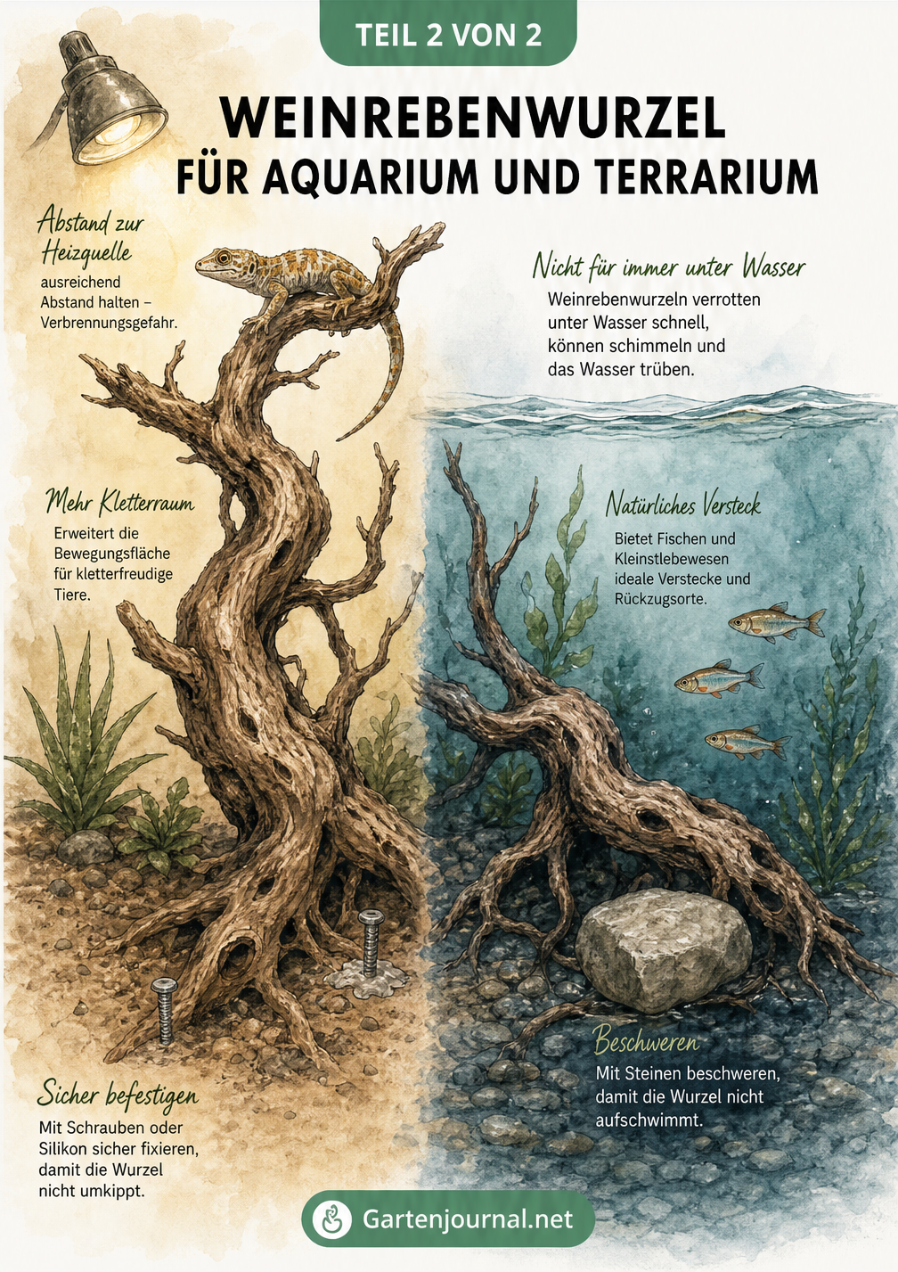 Querschnitt eines Terrariums und Aquariums mit Weinrebenwurzeln, Gecko und Fischen