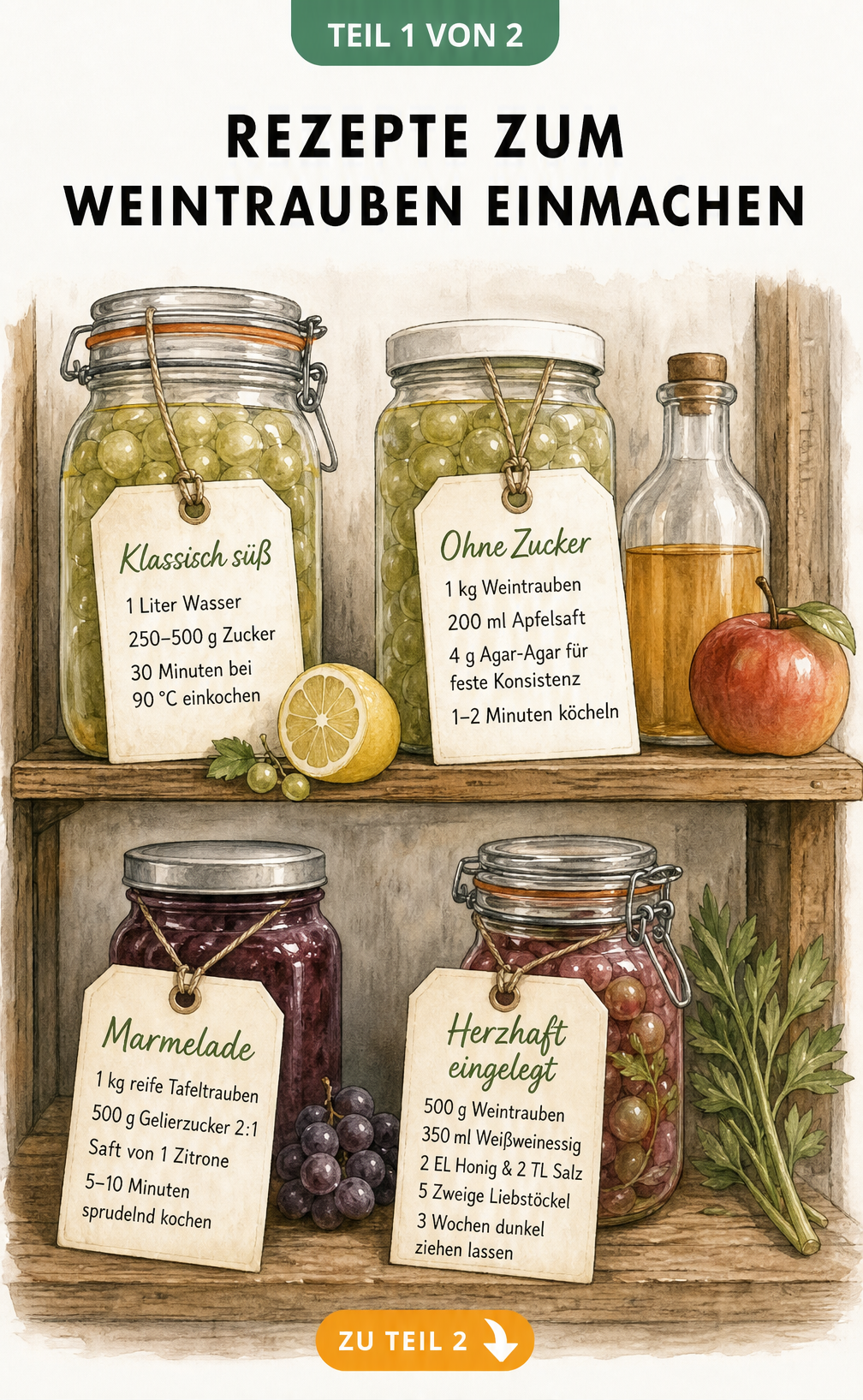 Illustration von vier Einmachgläsern mit Rezepten zum Weintrauben einkochen auf Etiketten