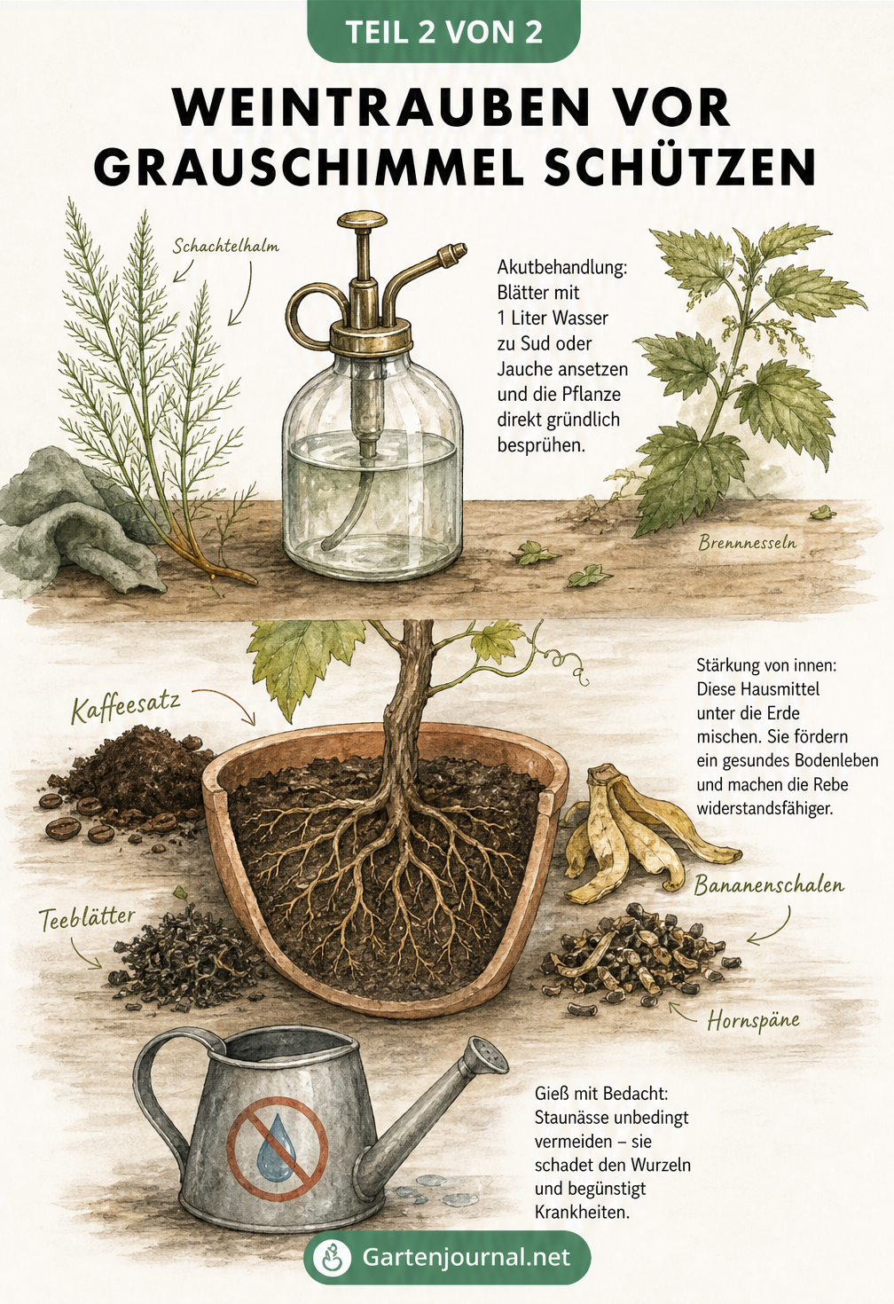 Illustration von Hausmitteln wie Schachtelhalm, Kaffeesatz und Bananenschalen zur Vorbeugung von Grauschimmel an Weintrauben