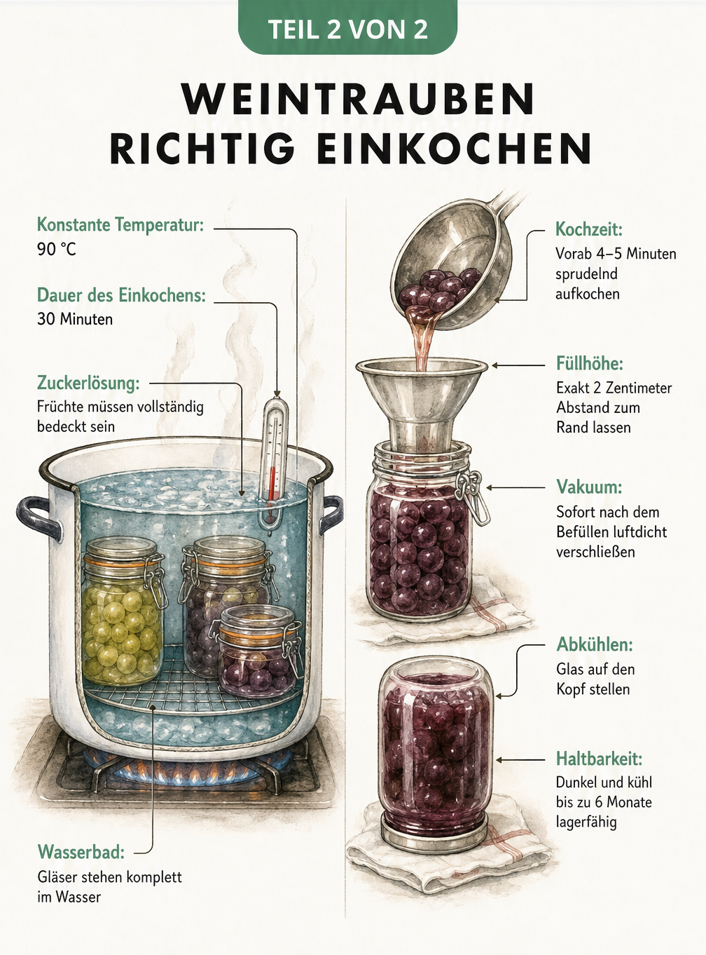 Schnittzeichnung eines Einkochtopfs und eines Marmeladenglases beim Abfüllen von Weintrauben