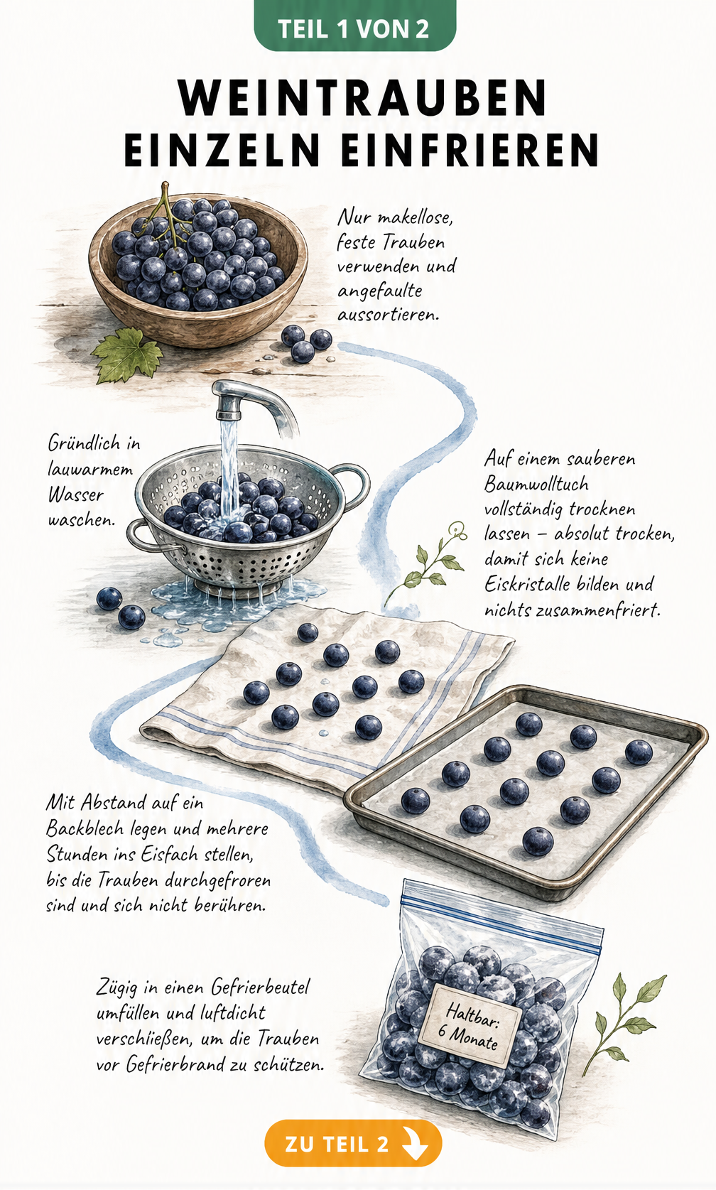 Illustration der Vorbereitungsschritte zum Einfrieren von Weintrauben: Waschen, Trocknen, Vorfrieren auf einem Blech und luftdichtes Verpacken.