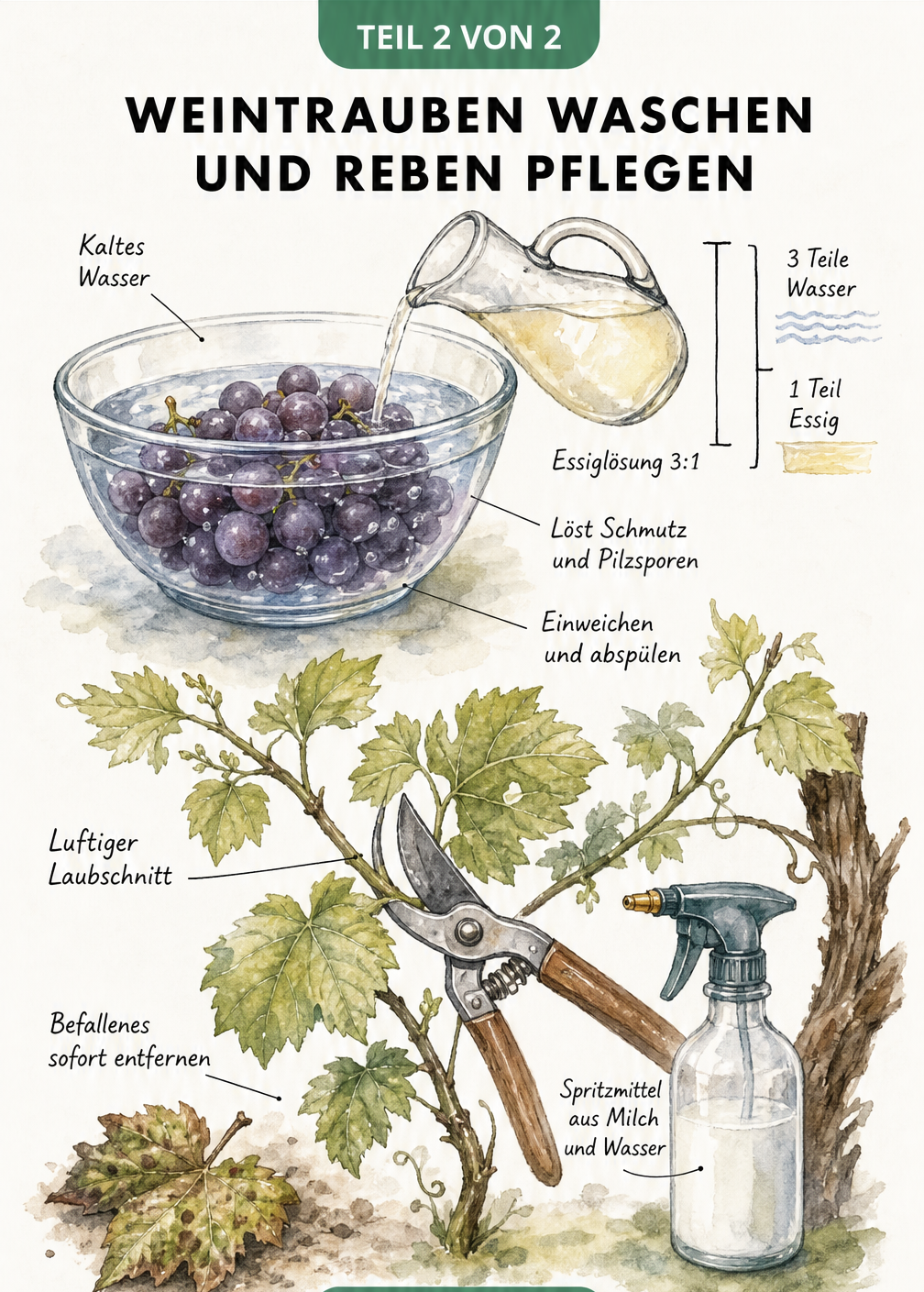 Illustration zum Waschen von Weintrauben in einer Essiglösung und zum luftigen Laubschnitt an der Weinrebe