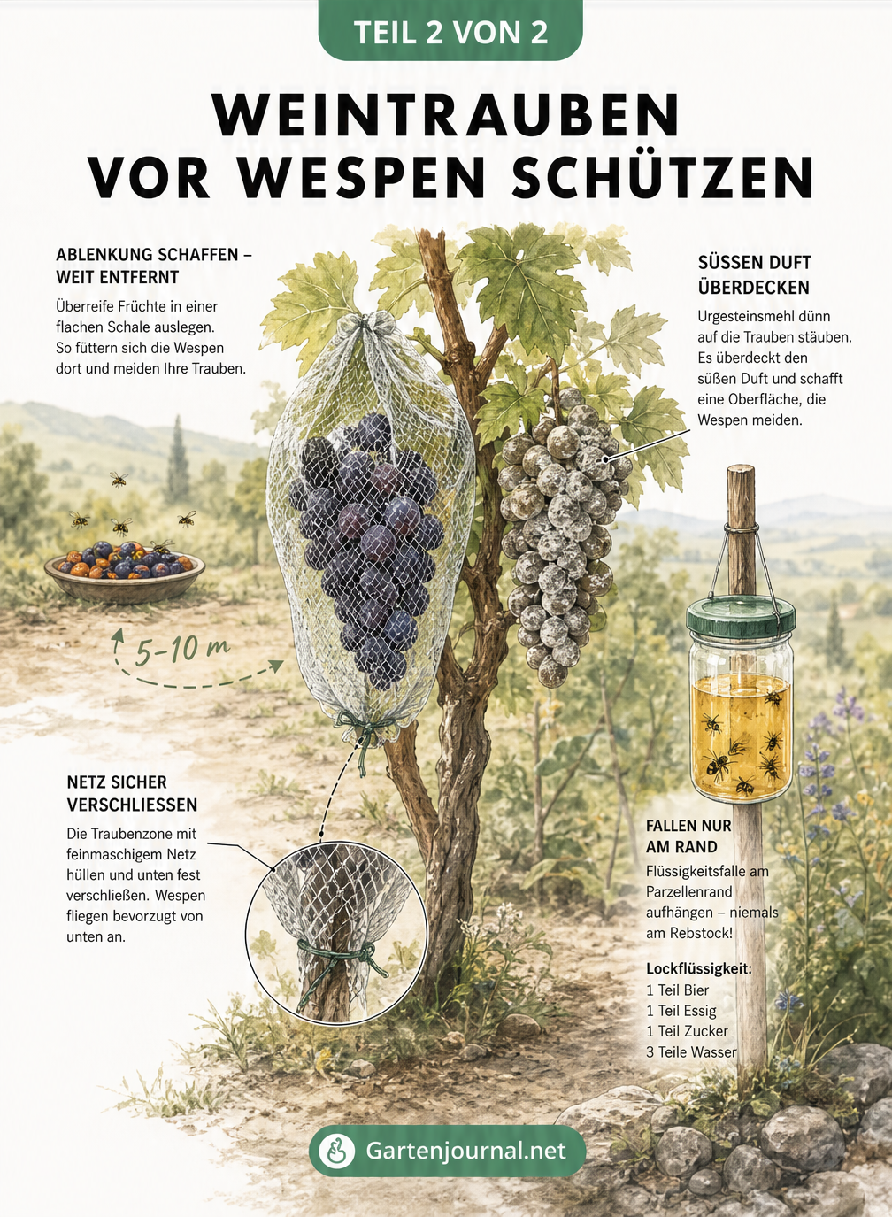 Zeichnung eines Gartens mit einem Rebstock, der durch ein Schutznetz und Urgesteinsmehl vor Wespen geschützt wird, sowie einer Ablenkfütterung und einer...