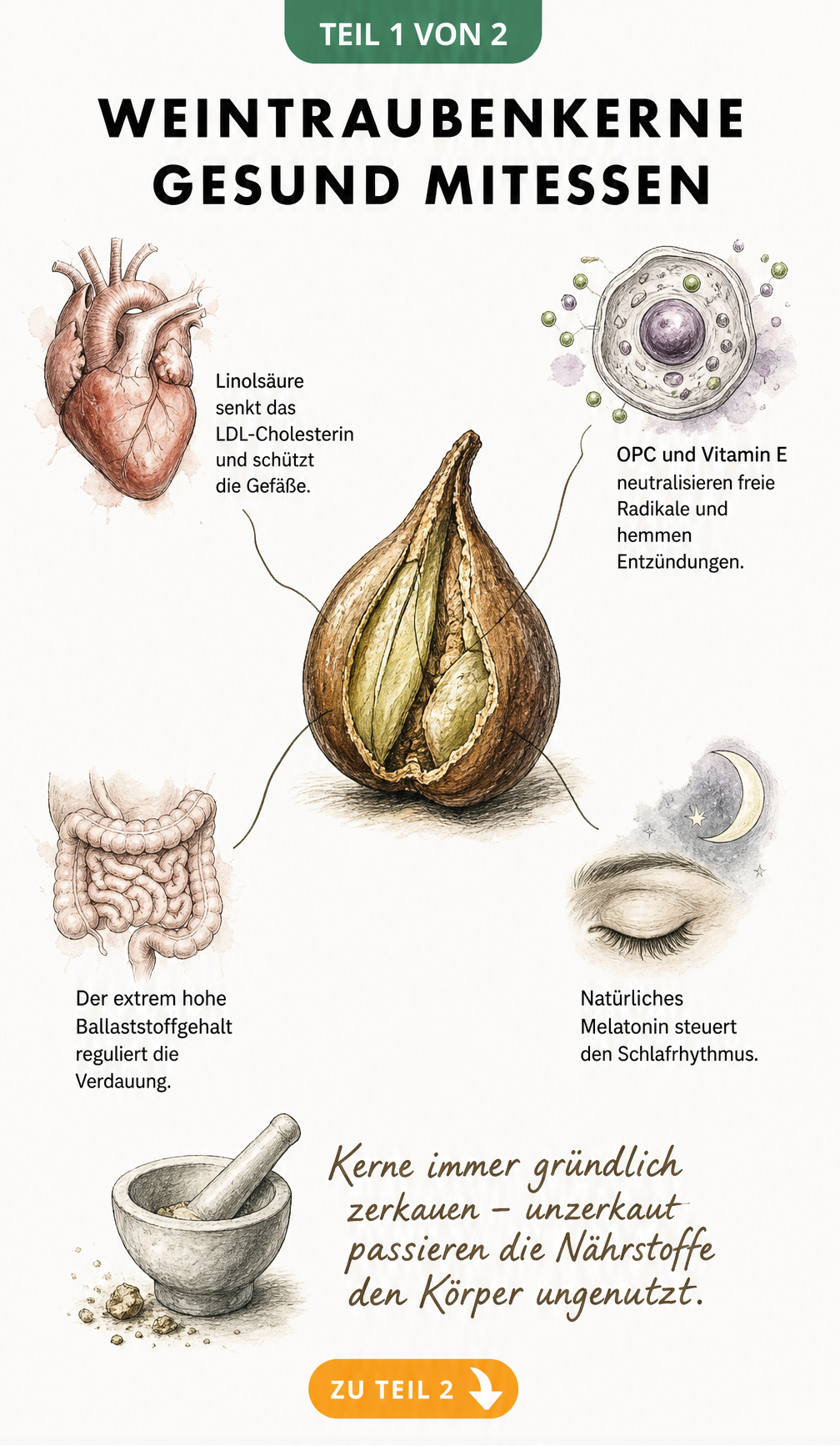 Botanische Illustration eines Weintraubenkerns mit anatomischen Skizzen zu Herz, Zellen, Darm und Schlaf
