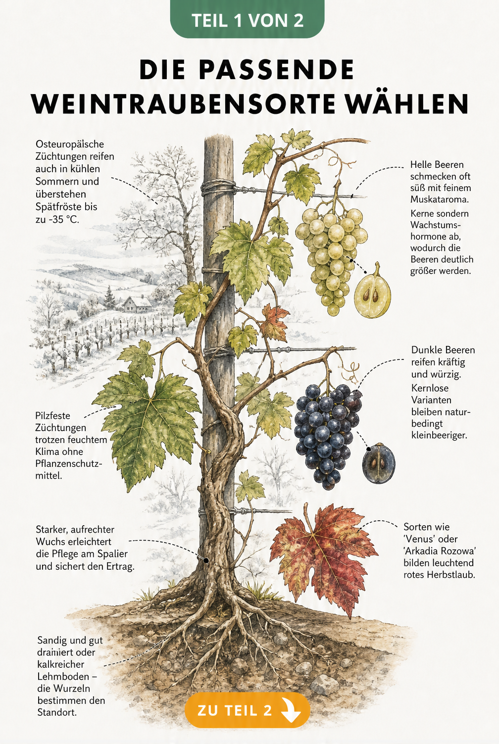 Botanische Illustration eines Rebstocks am Spalier mit Hinweisen zu Standort, Wuchsform, Pilzresistenz und Frosthärte bei der Sortenwahl
