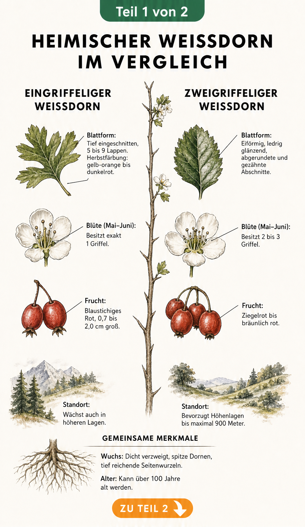 Botanische Illustration des Eingriffeligen und Zweigriffeligen Weißdorns mit Blättern, Blüten und Früchten im Vergleich