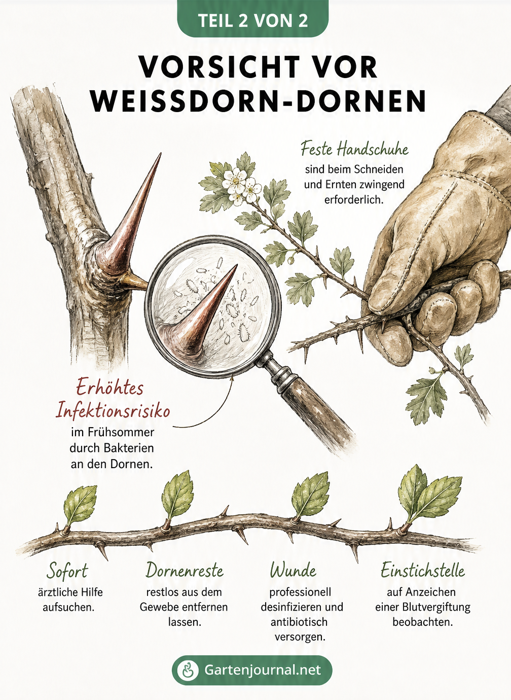 Zeichnung eines Weißdornastes mit spitzem Dorn und Lupe, die Bakterien zeigt, sowie Tipps zur Wundversorgung bei Stichverletzungen.