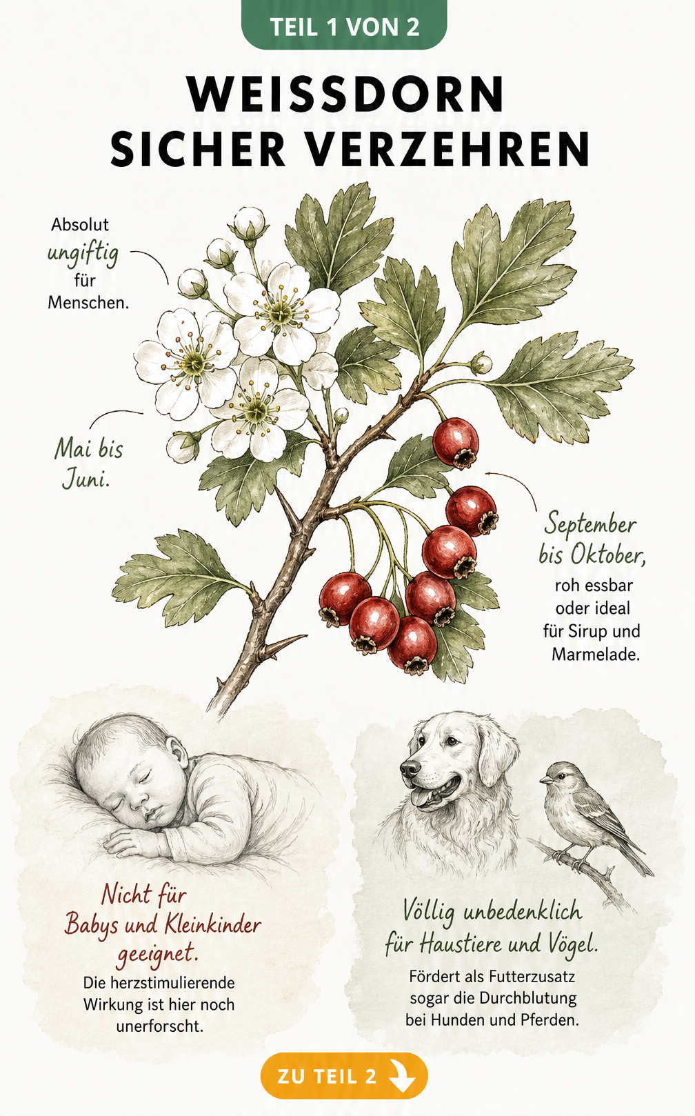 Botanische Illustration eines Weißdornzweigs mit Blüten und Beeren, die zeigt, dass Weißdorn für Menschen ungiftig ist, aber nicht für Babys geeignet.