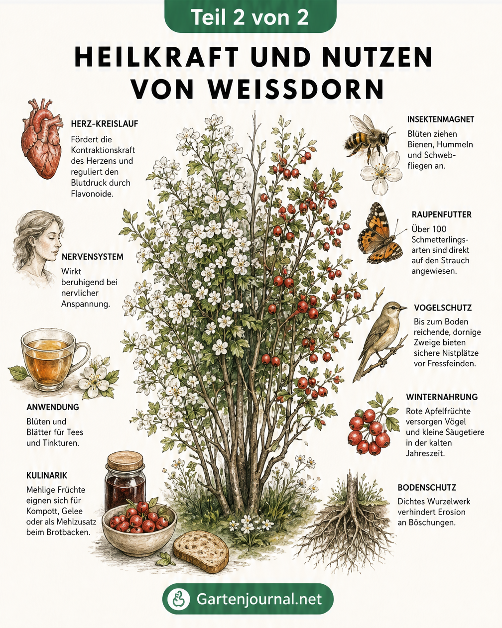 Illustration eines Weißdornstrauchs, die seine Heilwirkung für das Herz-Kreislauf-System und seinen ökologischen Nutzen für Insekten und Vögel zeigt