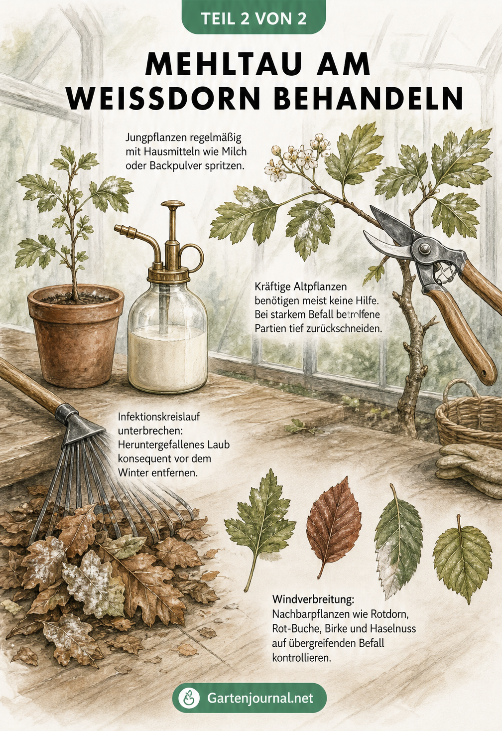 Illustration zur Behandlung von Mehltau an Weißdorn mit Hausmitteln, Rückschnitt und Laubentfernung