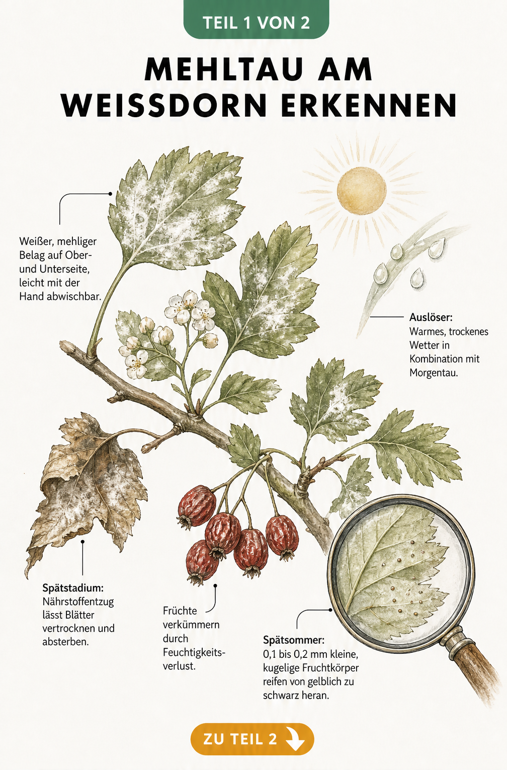 Botanische Illustration eines Weißdornzweigs mit Mehltau-Symptomen wie weißem Belag und vertrockneten Blättern