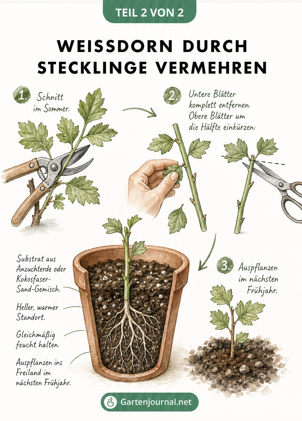 Detaillierte Zeichnung zur Vermehrung von Weißdorn durch Stecklinge im Topf