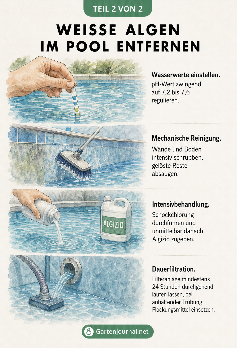 Illustration der Poolreinigung in vier Schritten: Wasserwerte einstellen, mechanische Reinigung, Intensivbehandlung und Dauerfiltration