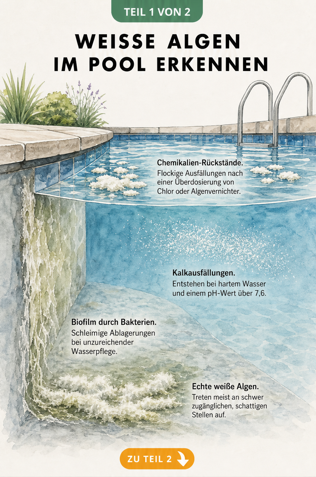 Querschnitt eines Pools mit weißen Ablagerungen wie echten Algen, Biofilm, Kalkausfällungen und Chemikalien-Rückständen