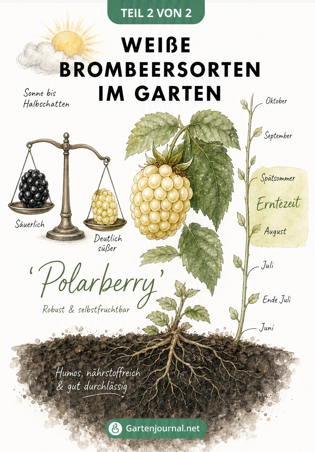 Illustration der weißen Brombeersorte Polarberry mit Waage, die den süßeren Geschmack im Vergleich zu schwarzen Brombeeren zeigt