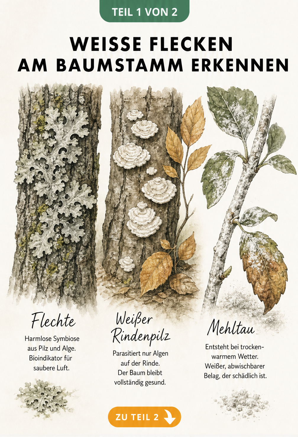 Botanische Zeichnung von Flechte, Weißem Rindenpilz und Mehltau an Baumrinde