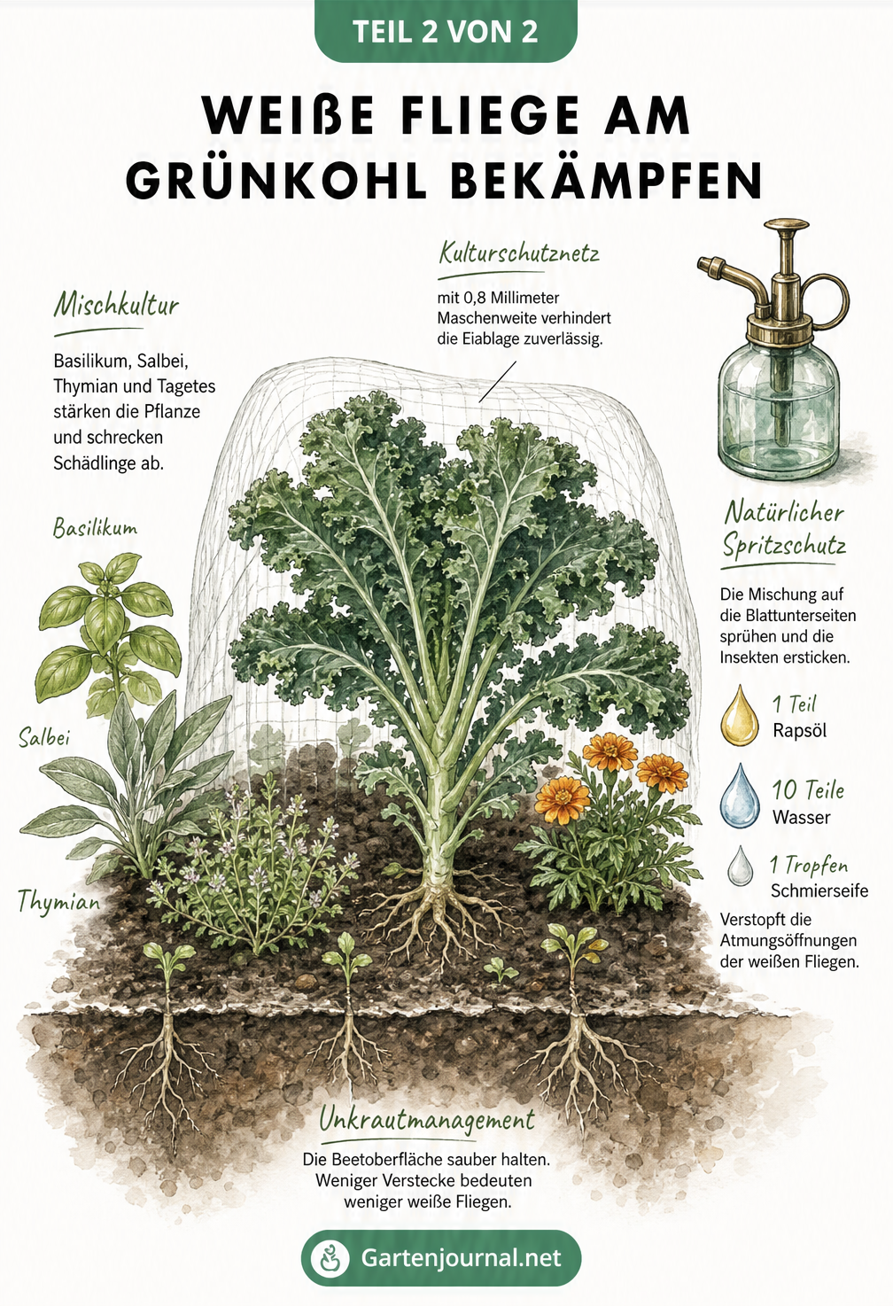 Illustration eines Gartenbeets mit Grünkohl unter einem Kulturschutznetz, umgeben von Begleitpflanzen wie Basilikum und Tagetes, sowie einem Rezept für ein...