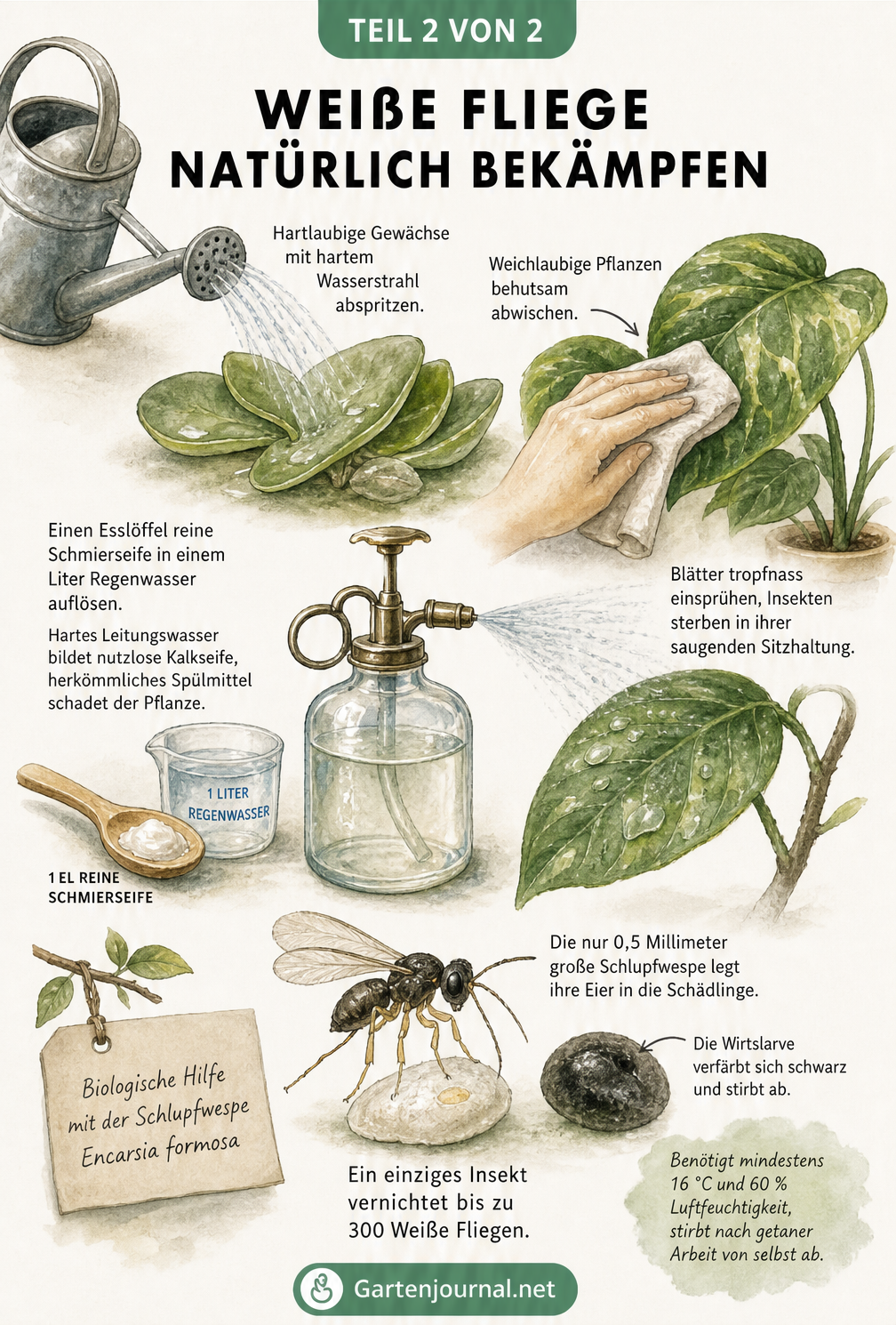 Aquarell-Illustration verschiedener natürlicher Bekämpfungsmethoden gegen die Weiße Fliege wie Schmierseife und Nützlinge