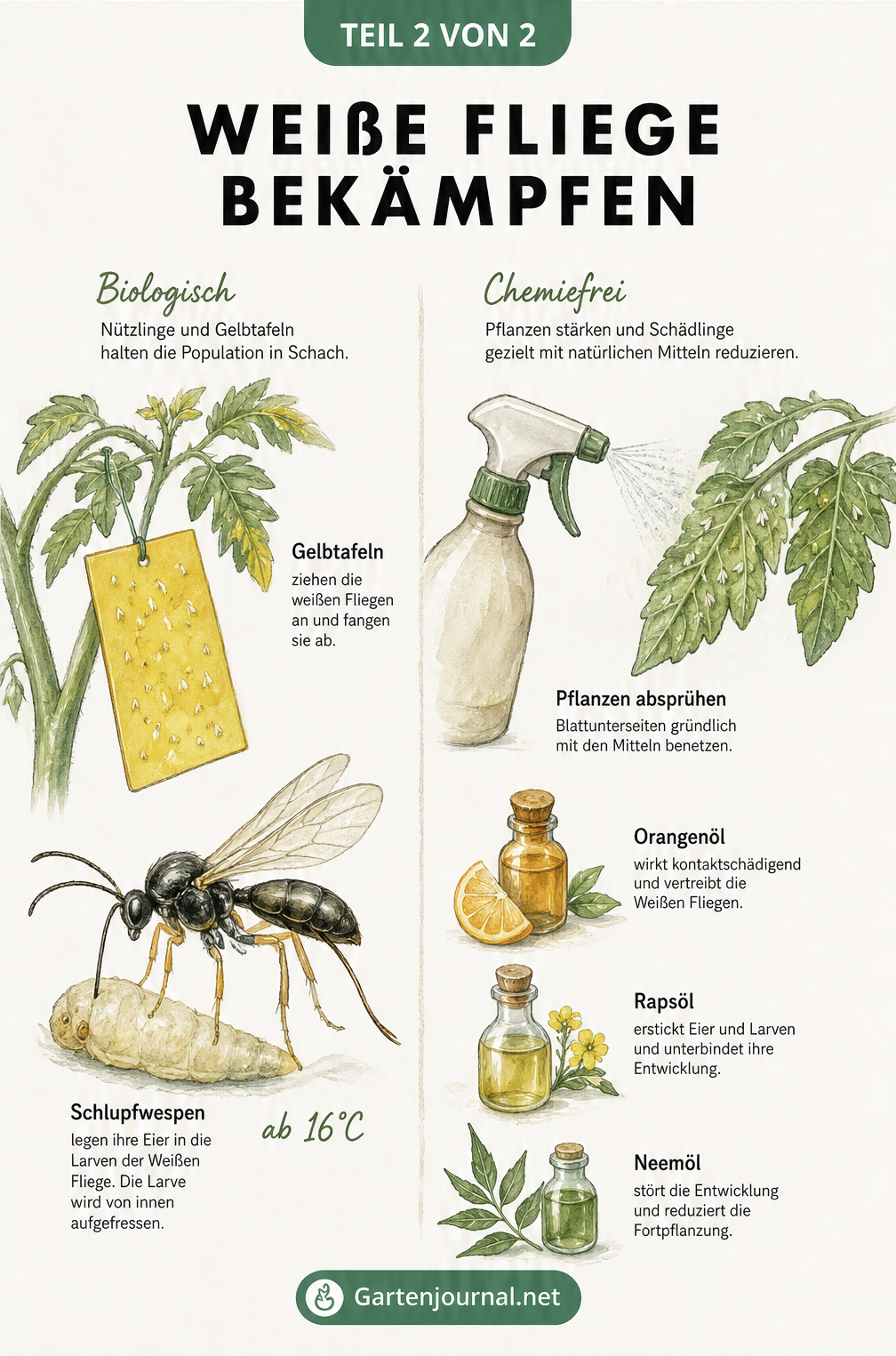Zweigeteilte Illustration zur Bekämpfung der Weißen Fliege mit Gelbtafeln, Schlupfwespen und natürlichen Spritzmitteln wie Neemöl