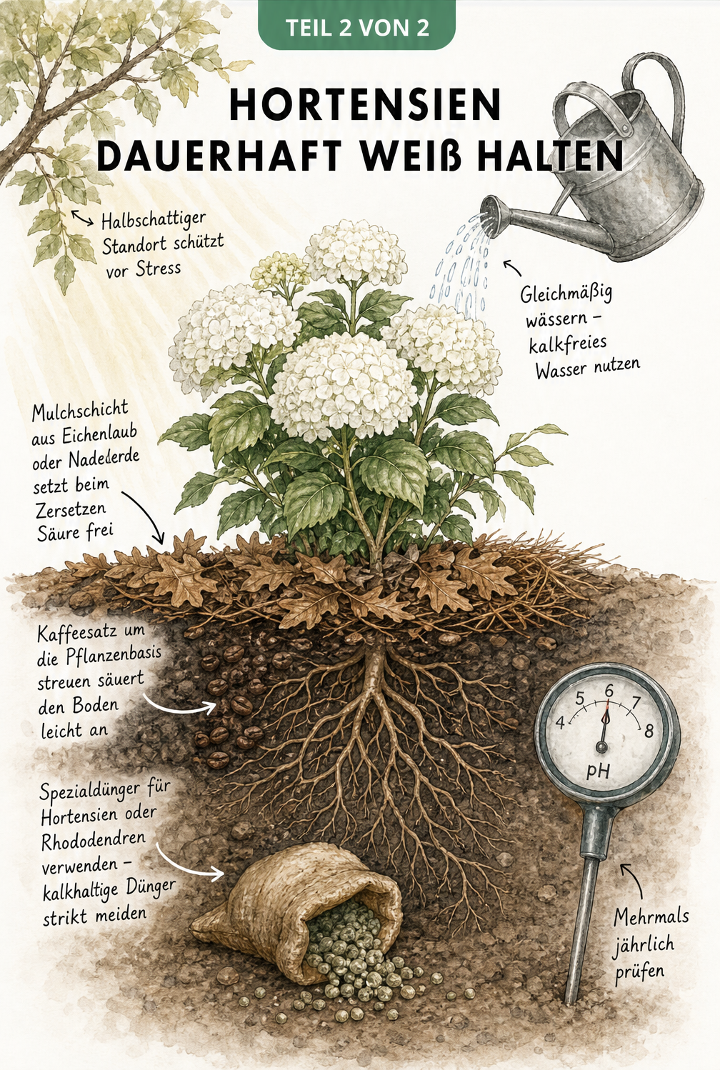 Gartenskizze eines Pflanzlochs mit einer weißen Hortensie, die Pflegemaßnahmen wie Mulchen, Kaffeesatz und Spezialdünger zur Erhaltung der weißen Farbe zeigt.