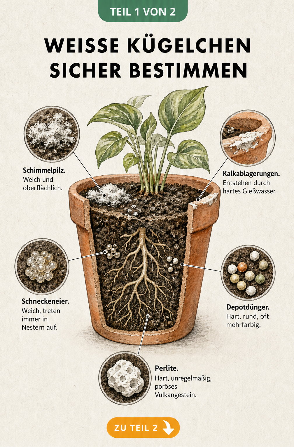 Illustration eines aufgeschnittenen Blumentopfs, die weiße Kügelchen in der Erde wie Perlite, Schimmel, Kalk, Schneckeneier und Depotdünger zeigt.