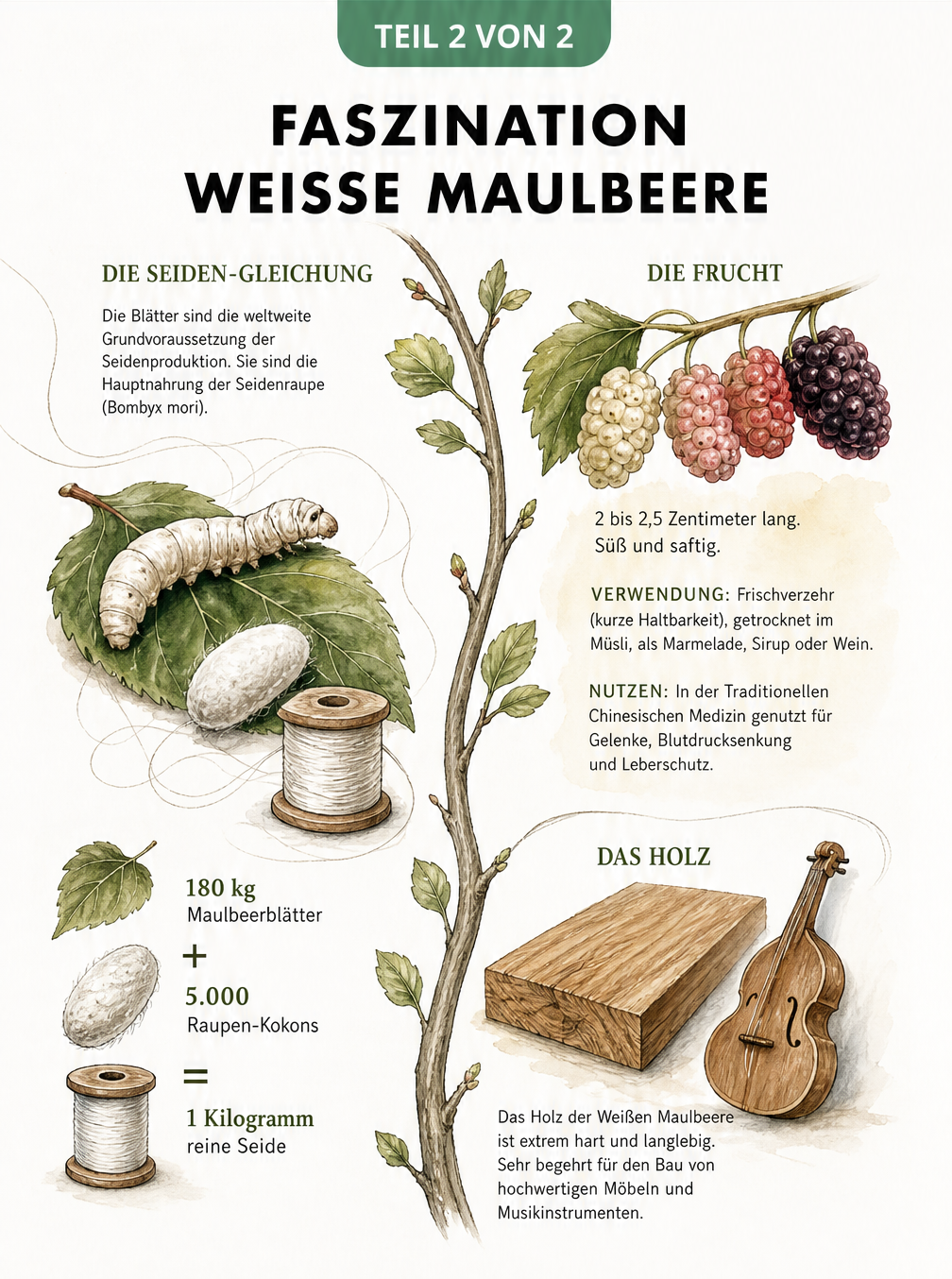 Illustration zur Seidenproduktion mit Seidenraupe und Maulbeerblättern sowie Details zu Früchten und Holz der Weißen Maulbeere