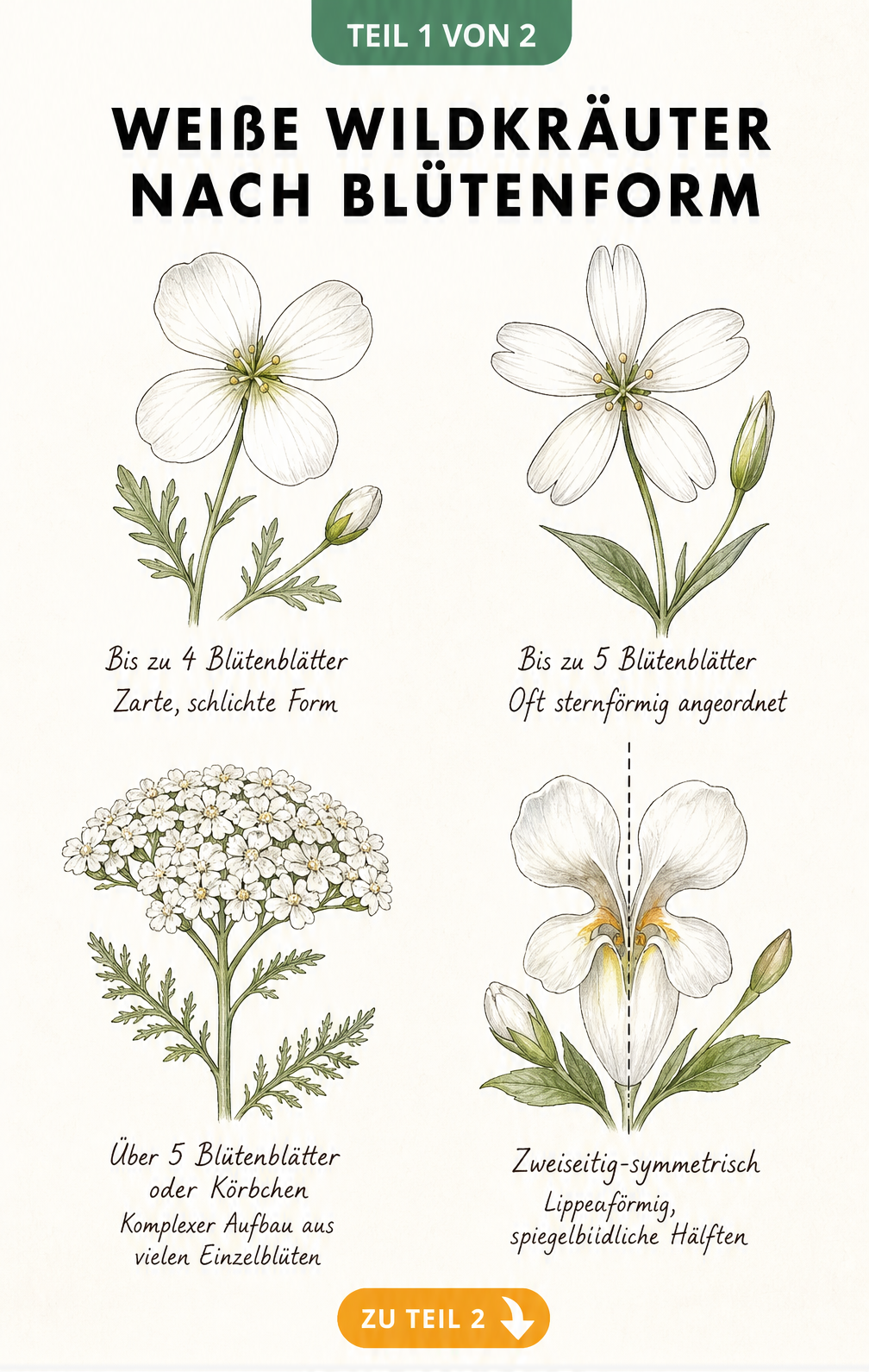 Illustration von vier weißen Wildkräuter-Blüten, unterteilt nach der Anzahl und Anordnung ihrer Blütenblätter.