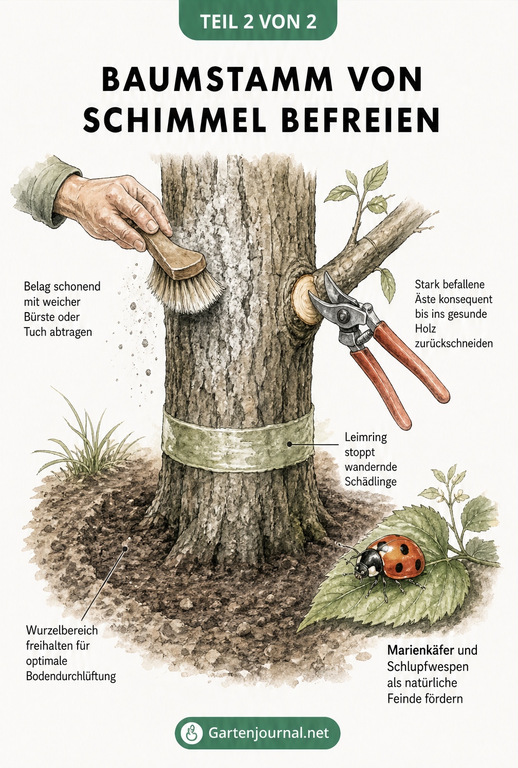 Illustration zur Bekämpfung von Baumschimmel mit Bürste, Gartenschere und Leimring