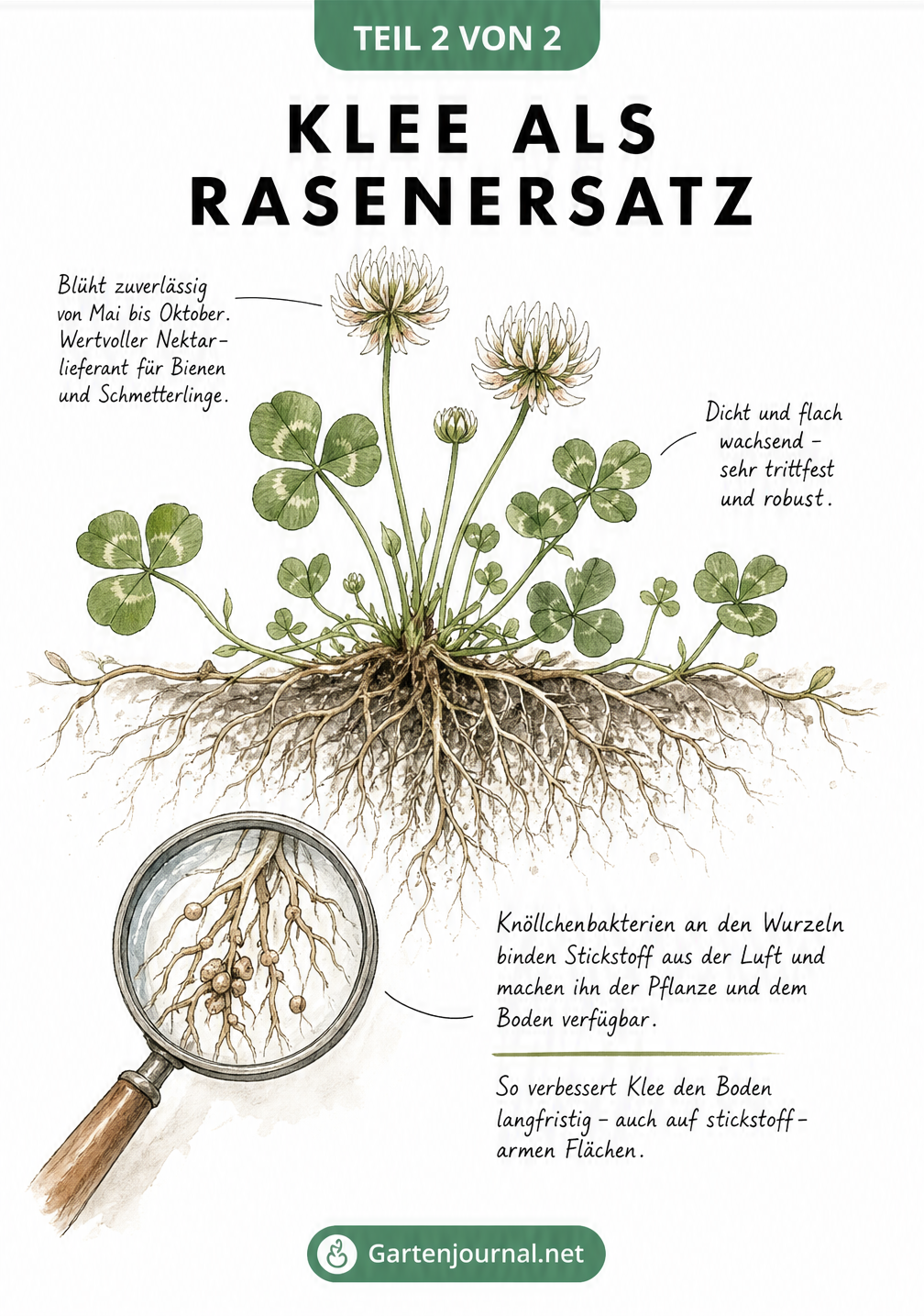 Illustration einer blühenden Weißkleepflanze mit Wurzeln und Knöllchenbakterien, die Stickstoff binden