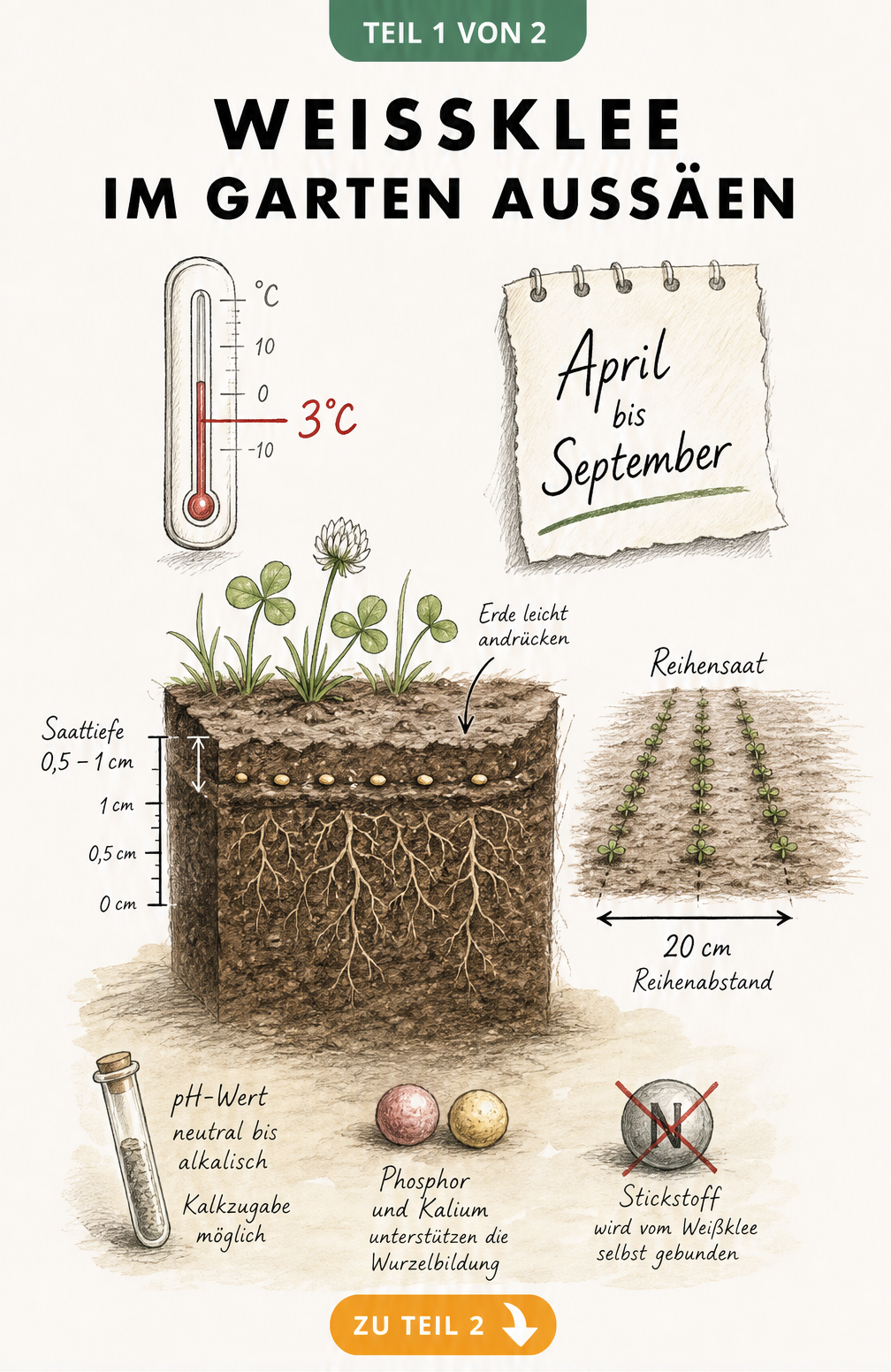 Illustration eines Bodenquerschnitts mit Thermometer bei 3 Grad, Kalenderblatt April bis September und Samenablage in 0,5 bis 1 cm Tiefe