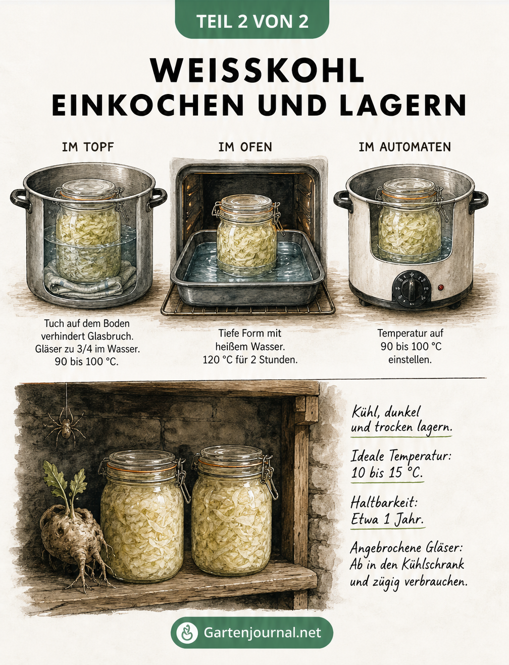 Schnittgrafik verschiedener Einkochmethoden für Weißkohl im Topf, Backofen und Einkochautomat sowie die richtige Lagerung im Keller.