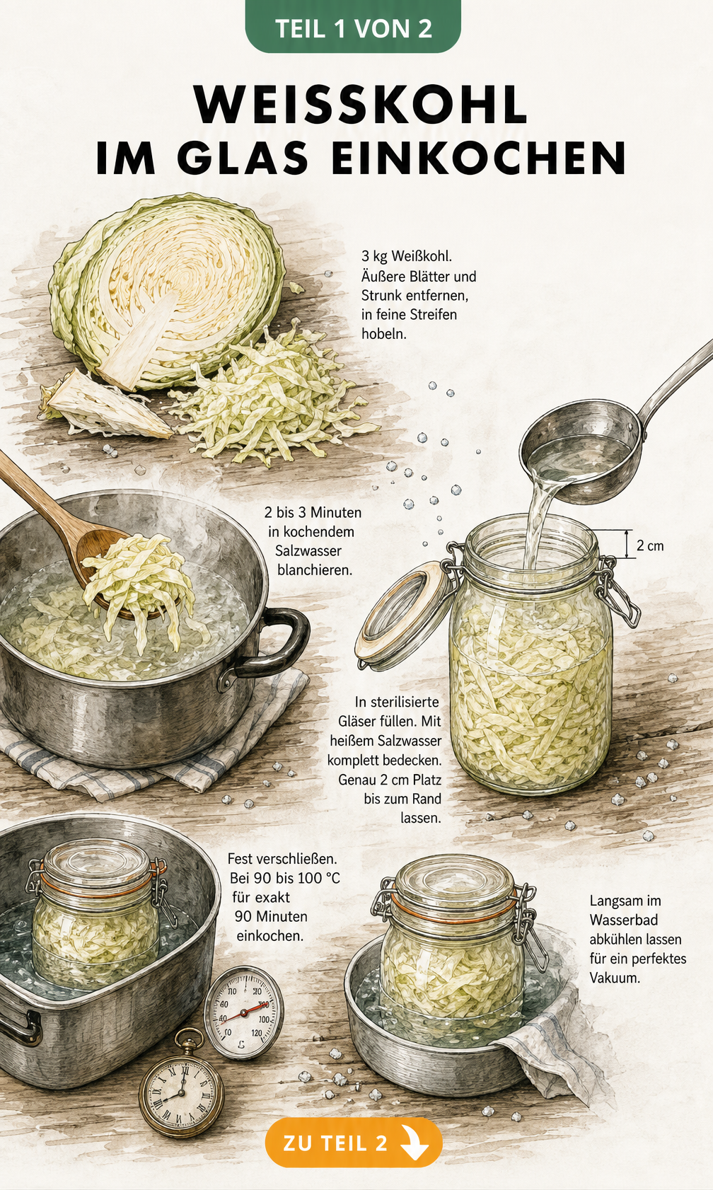 Illustration der Schritte zum Einkochen von Weißkohl im Glas, vom Hobeln über das Blanchieren bis zum Wasserbad.
