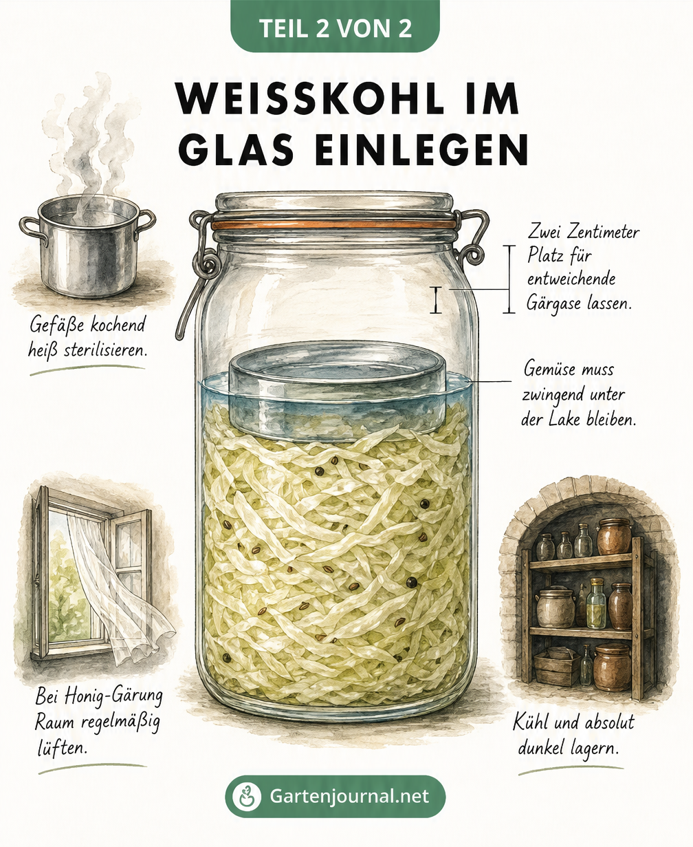 Querschnittszeichnung eines Einmachglases mit Weißkohl, Glasgewicht und Wasserlinie, die zeigt, dass das Gemüse vollständig unter der Lake liegt.