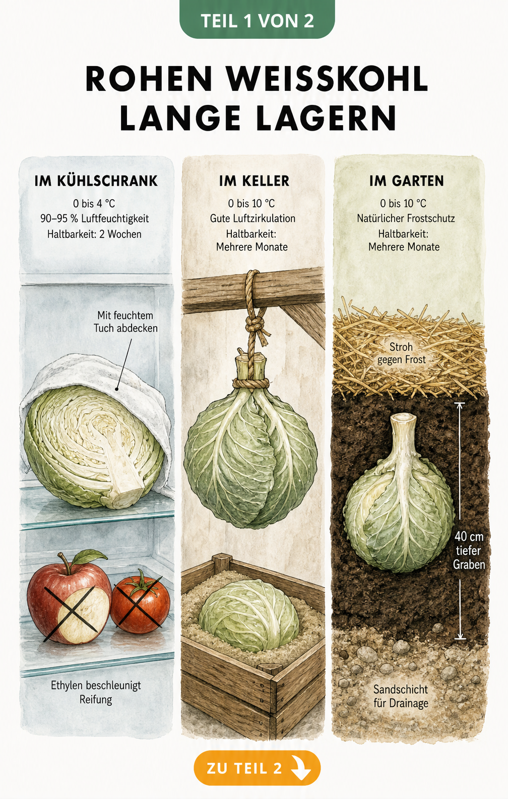 Illustration der drei Lagerorte für rohen Weißkohl: Kühlschrank, Keller und Erdgraben im Garten mit Temperatur- und Haltbarkeitsangaben.