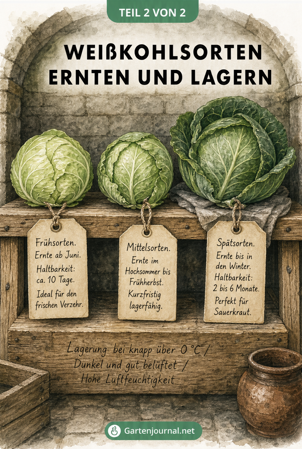 Aquarell-Illustration: Drei Weißkohlköpfe im Holzregal mit Etiketten zu Erntezeit und Lagerung