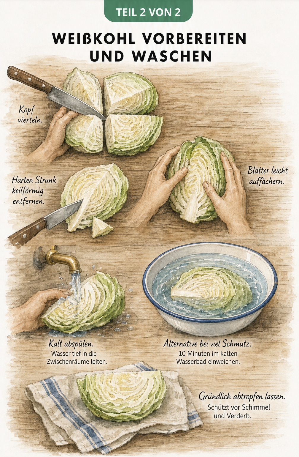 Illustration der Schritte zur Vorbereitung von Weißkohl: Vierteln, Strunk entfernen, Blätter auffächern und entweder abspülen oder einweichen.