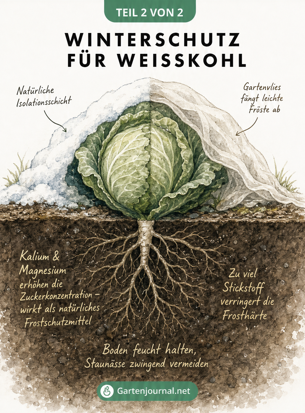 Querschnitt eines Gartenbeets mit Weißkohl, der durch Schnee und Gartenvlies geschützt ist, sowie Wurzeln im Boden