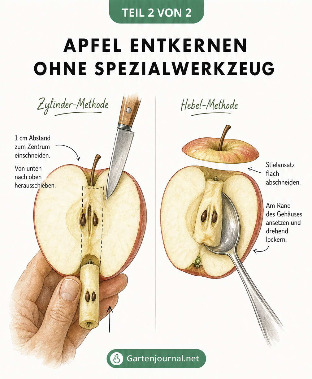 Illustration von vier Werkzeugen zum Apfel entkernen: Apfelentkerner, Sparschäler, Korkenzieher und Löffel
